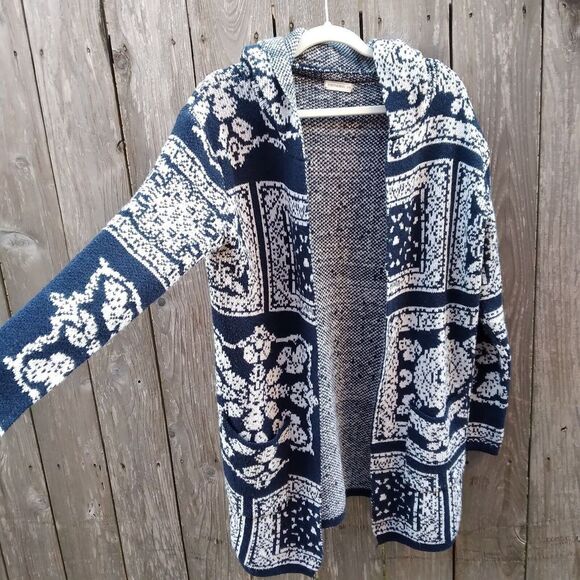 Andthewhy size S/M hooded knit open front cardigan blue white jacquard - Picture 2 of 8